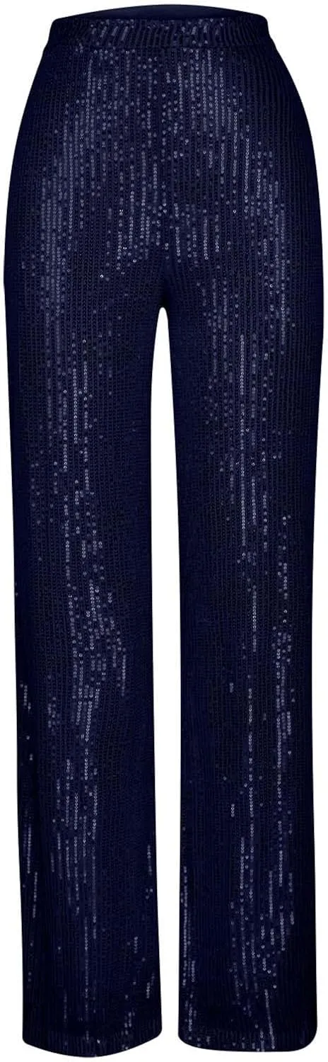 NATHGAM Sequin Pants for Women Elastic High Waist Wide Leg Pants Lounge Palazzo Pants Sequin Flare Bottoms Club Trousers