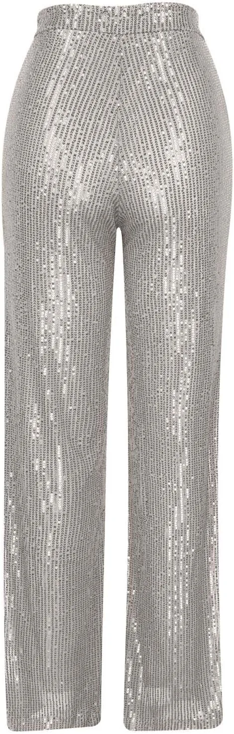 NATHGAM Sequin Pants for Women Elastic High Waist Wide Leg Pants Lounge Palazzo Pants Sequin Flare Bottoms Club Trousers