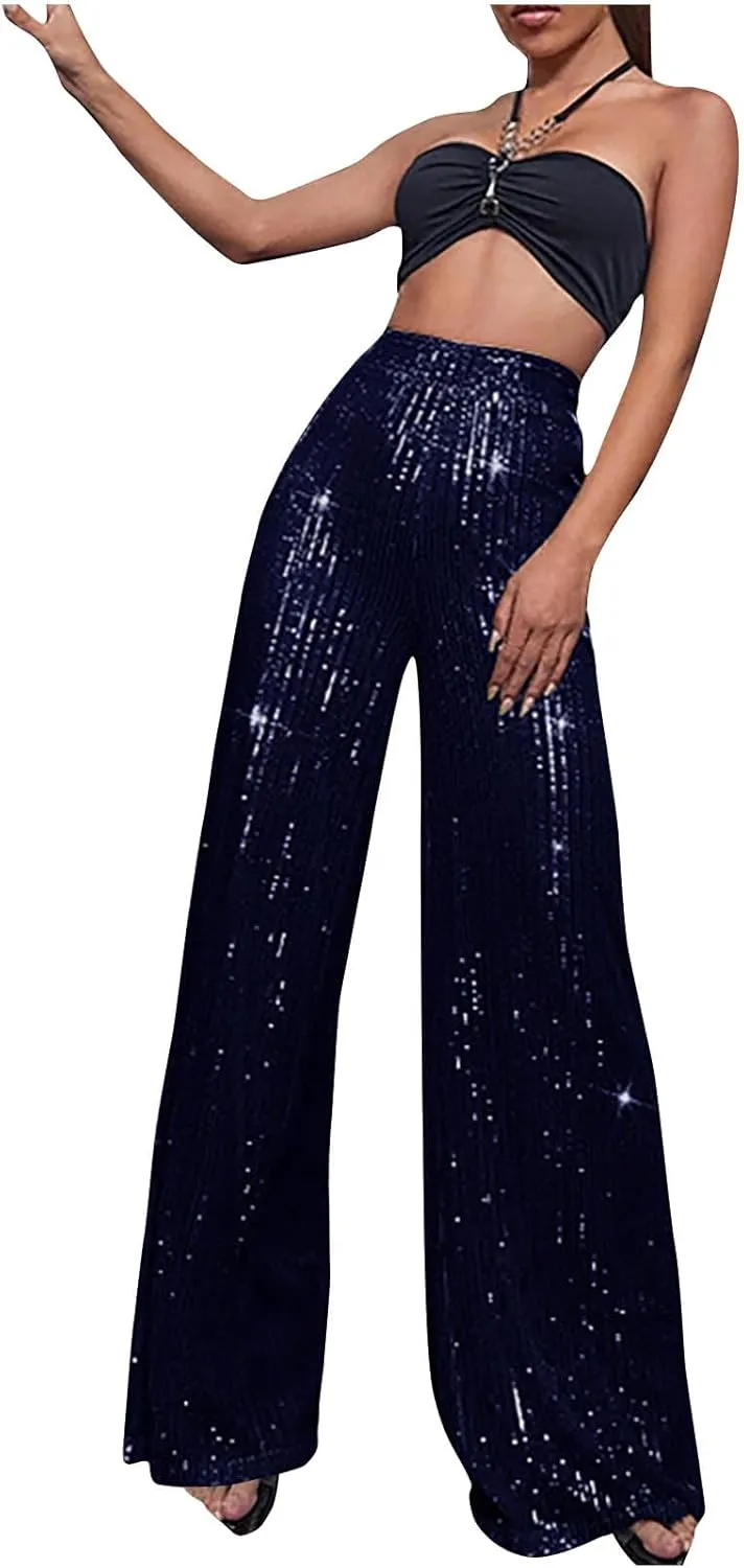 NATHGAM Sequin Pants for Women Elastic High Waist Wide Leg Pants Lounge Palazzo Pants Sequin Flare Bottoms Club Trousers