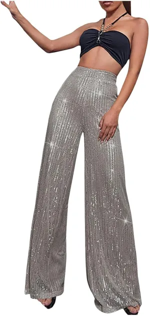 NATHGAM Sequin Pants for Women Elastic High Waist Wide Leg Pants Lounge Palazzo Pants Sequin Flare Bottoms Club Trousers