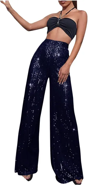 NATHGAM Sequin Pants for Women Elastic High Waist Wide Leg Pants Lounge Palazzo Pants Sequin Flare Bottoms Club Trousers