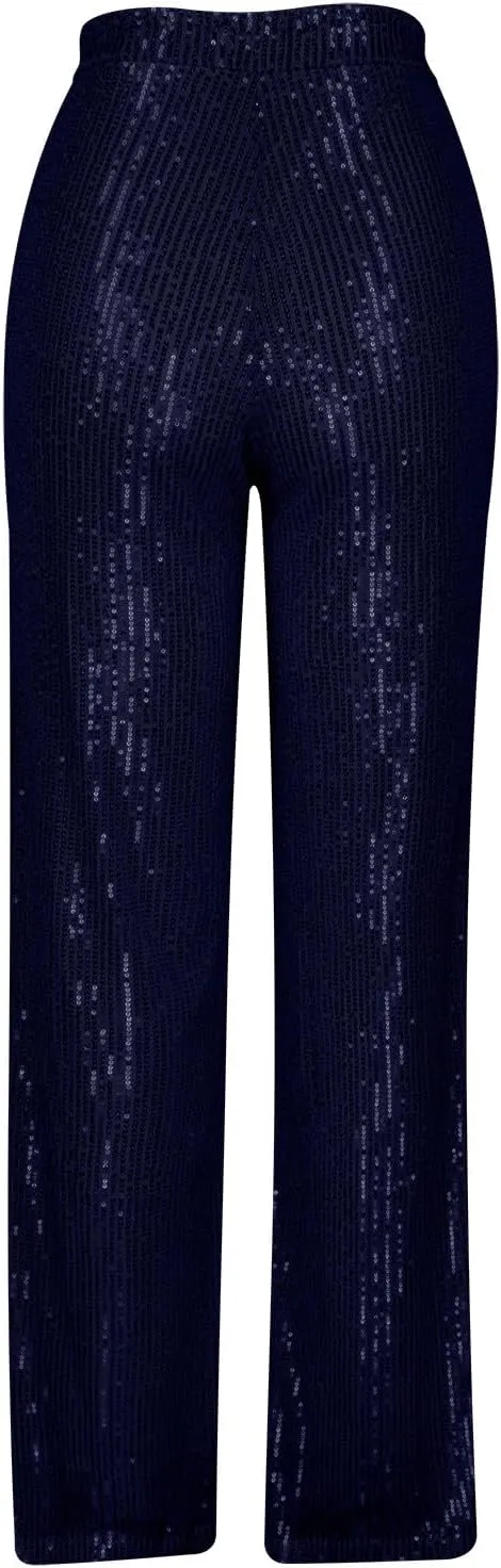 NATHGAM Sequin Pants for Women Elastic High Waist Wide Leg Pants Lounge Palazzo Pants Sequin Flare Bottoms Club Trousers