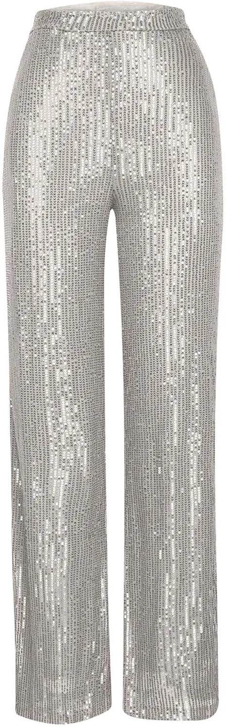 NATHGAM Sequin Pants for Women Elastic High Waist Wide Leg Pants Lounge Palazzo Pants Sequin Flare Bottoms Club Trousers