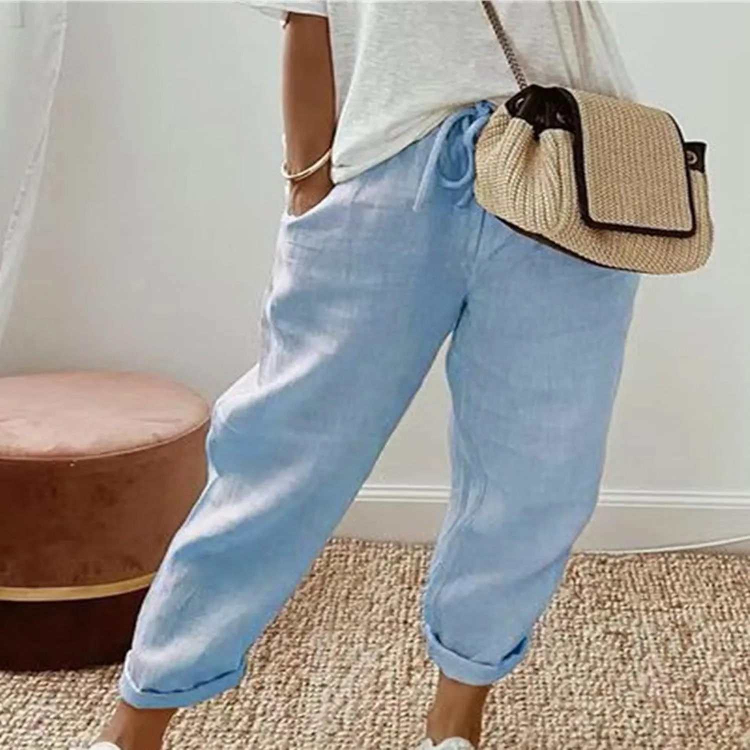 NATHGAM Womens Capri Pants Trendy Solid Color Lounge Palazzo Pants Summer Comfy Linen Loose Cropped Trousers with Pockets
