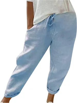 NATHGAM Womens Capri Pants Trendy Solid Color Lounge Palazzo Pants Summer Comfy Linen Loose Cropped Trousers with Pockets