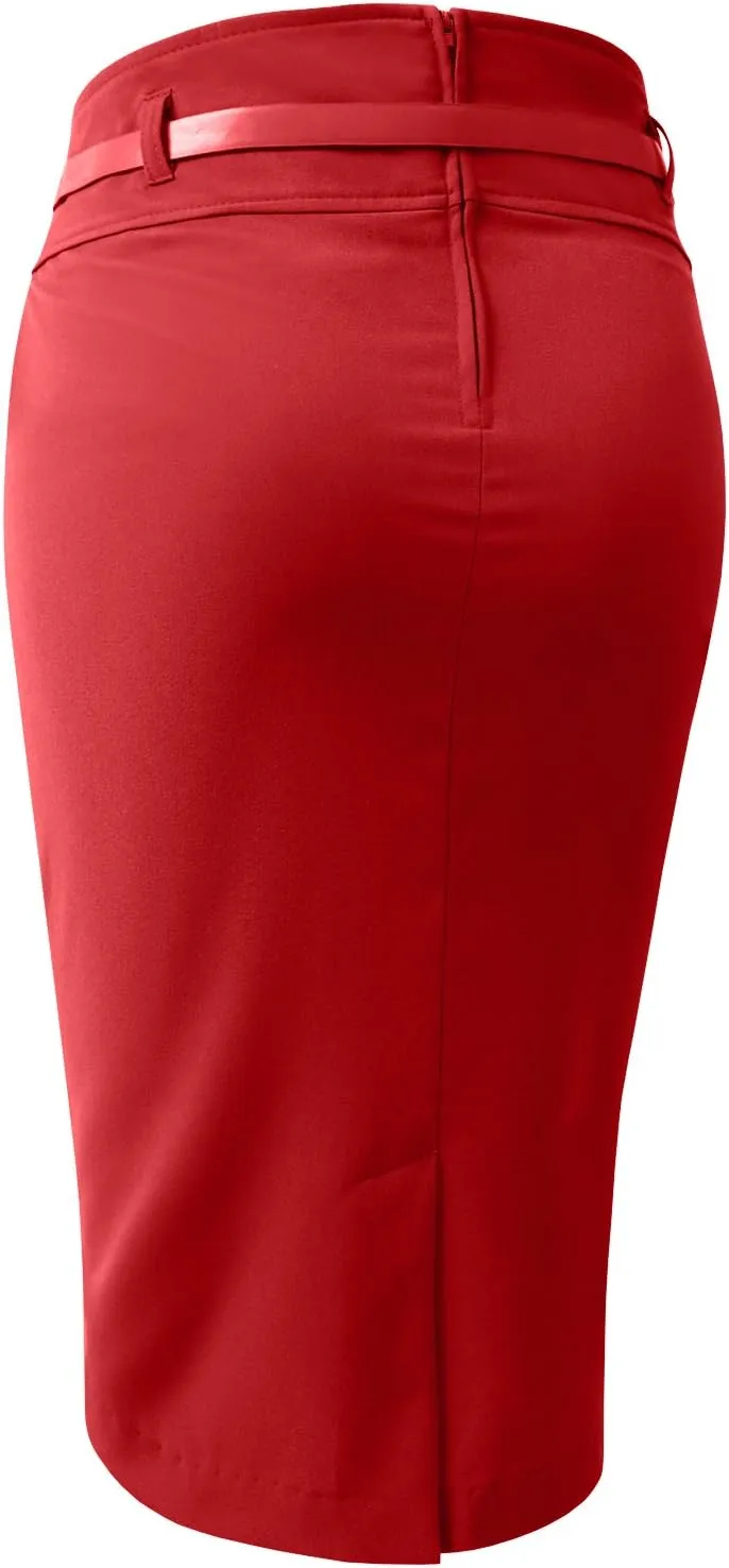 NE PEOPLE Womens Light Weight High Waist Midi Pencil Skirt with Tessel Belt