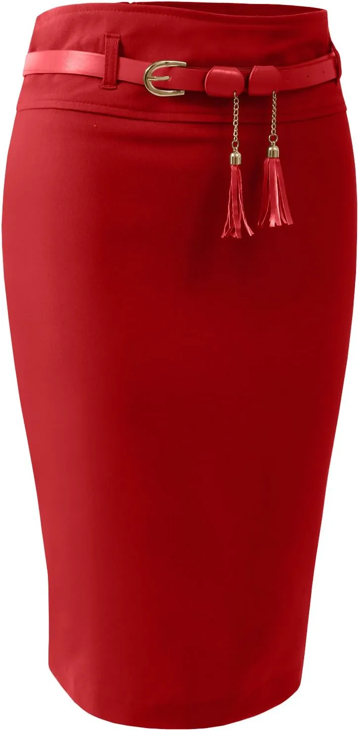 NE PEOPLE Womens Light Weight High Waist Midi Pencil Skirt with Tessel Belt