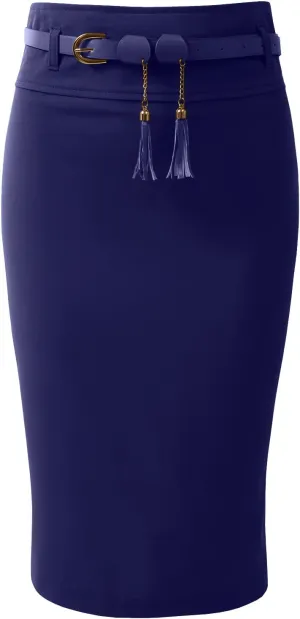 NE PEOPLE Womens Light Weight High Waist Midi Pencil Skirt with Tessel Belt