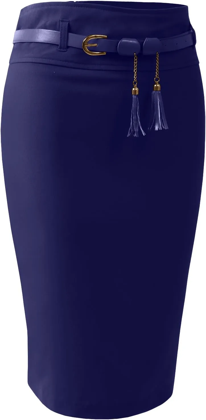NE PEOPLE Womens Light Weight High Waist Midi Pencil Skirt with Tessel Belt