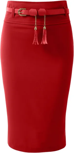 NE PEOPLE Womens Light Weight High Waist Midi Pencil Skirt with Tessel Belt