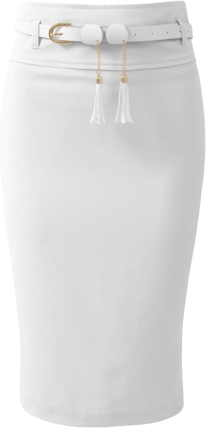 NE PEOPLE Womens Light Weight High Waist Midi Pencil Skirt with Tessel Belt