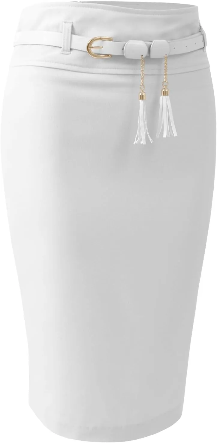NE PEOPLE Womens Light Weight High Waist Midi Pencil Skirt with Tessel Belt