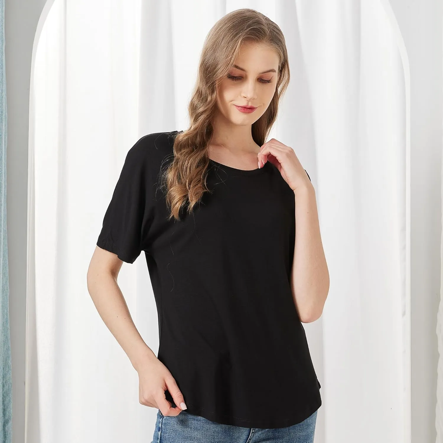 netdraw Women's Ultra Soft Bamboo Viscose Dolman Top Loose Fit Trendy Casual Lounge Short Sleeve Pajama Batwing T-Shirt