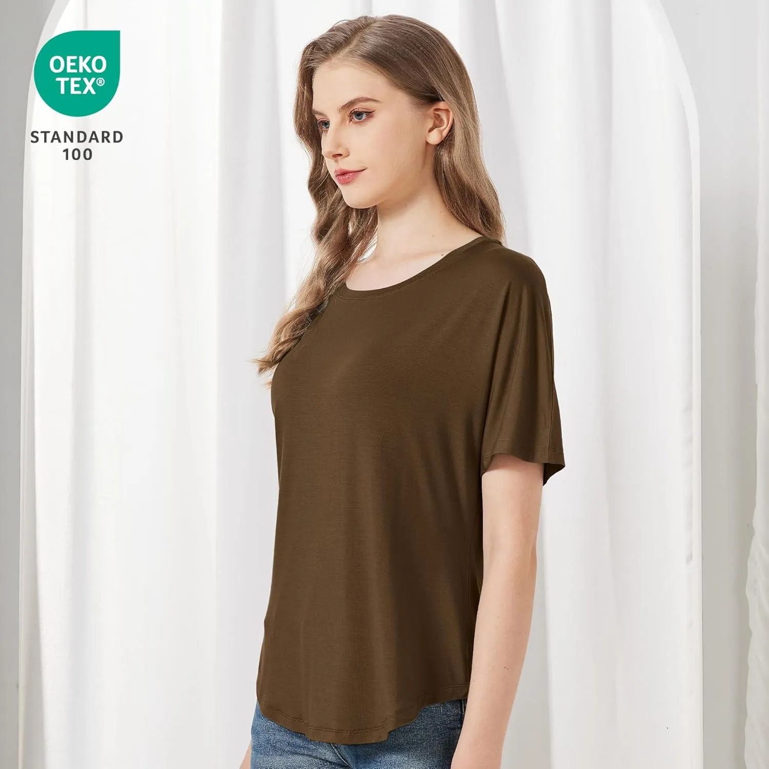 netdraw Women's Ultra Soft Bamboo Viscose Dolman Top Loose Fit Trendy Casual Lounge Short Sleeve Pajama Batwing T-Shirt
