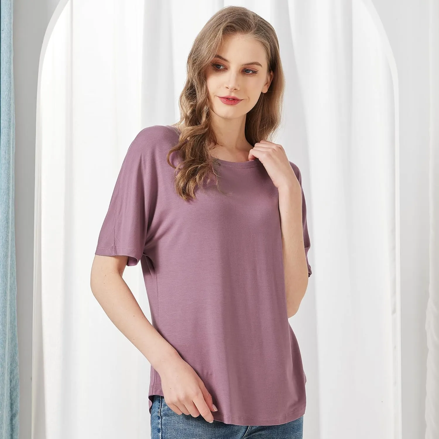 netdraw Women's Ultra Soft Bamboo Viscose Dolman Top Loose Fit Trendy Casual Lounge Short Sleeve Pajama Batwing T-Shirt