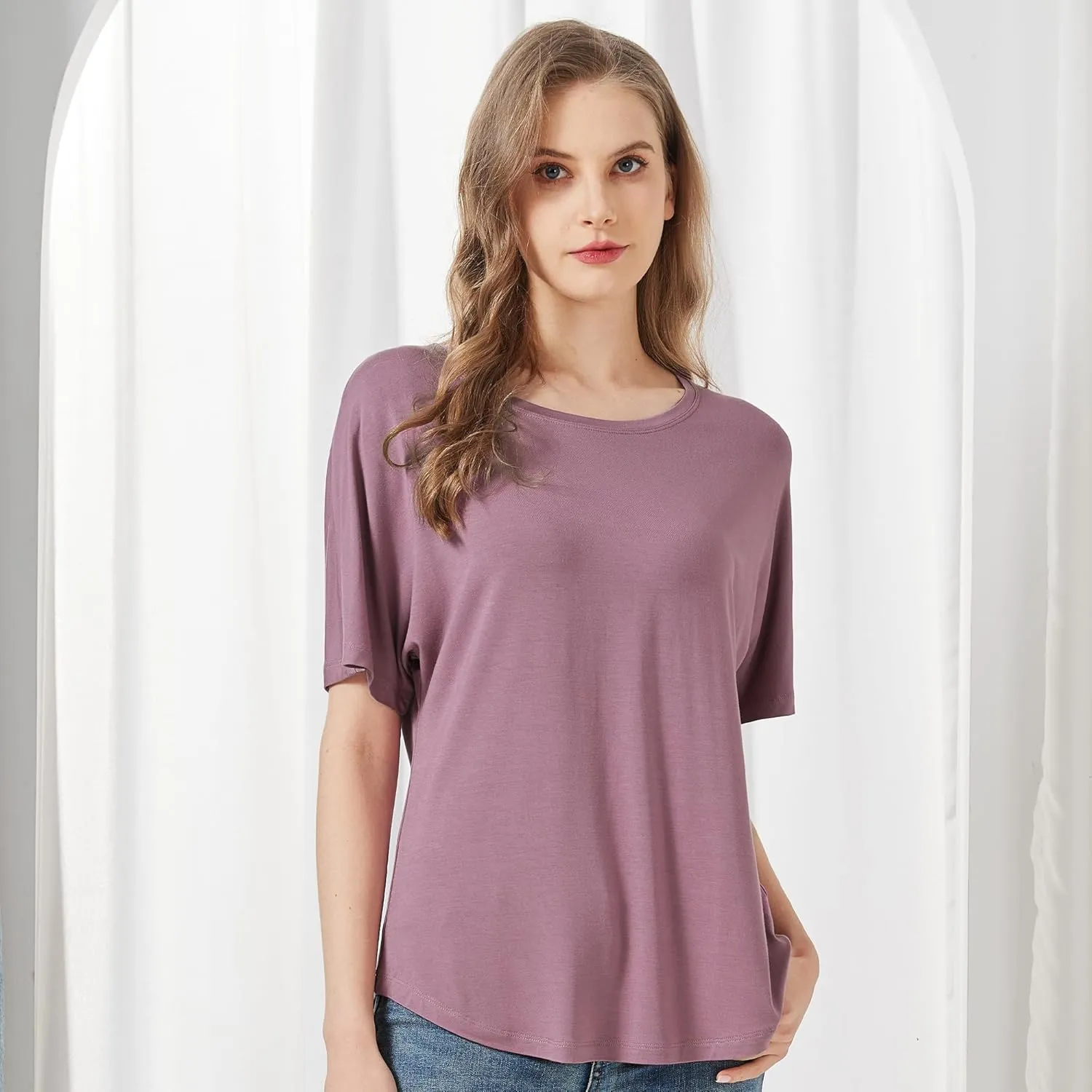 netdraw Women's Ultra Soft Bamboo Viscose Dolman Top Loose Fit Trendy Casual Lounge Short Sleeve Pajama Batwing T-Shirt