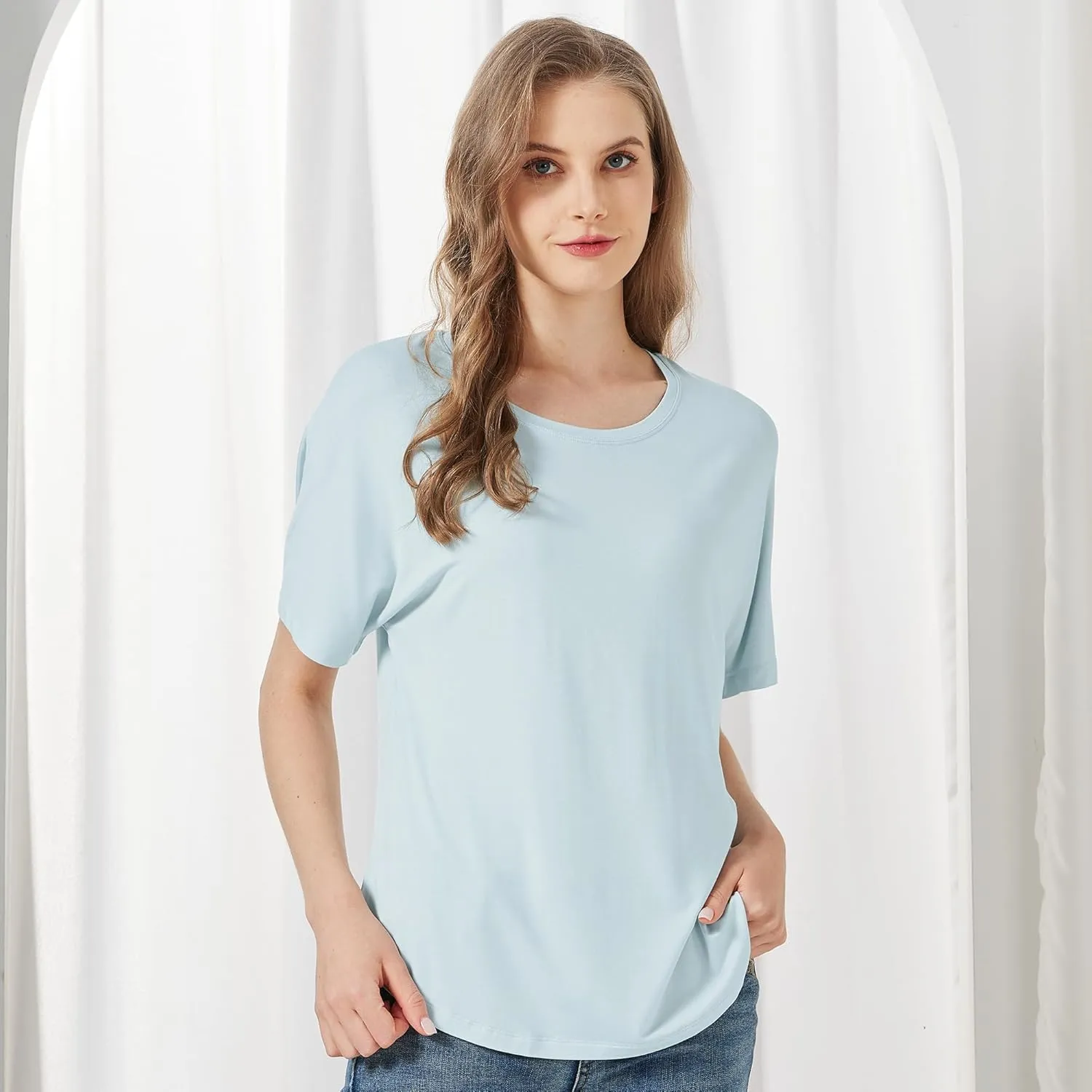 netdraw Women's Ultra Soft Bamboo Viscose Dolman Top Loose Fit Trendy Casual Lounge Short Sleeve Pajama Batwing T-Shirt