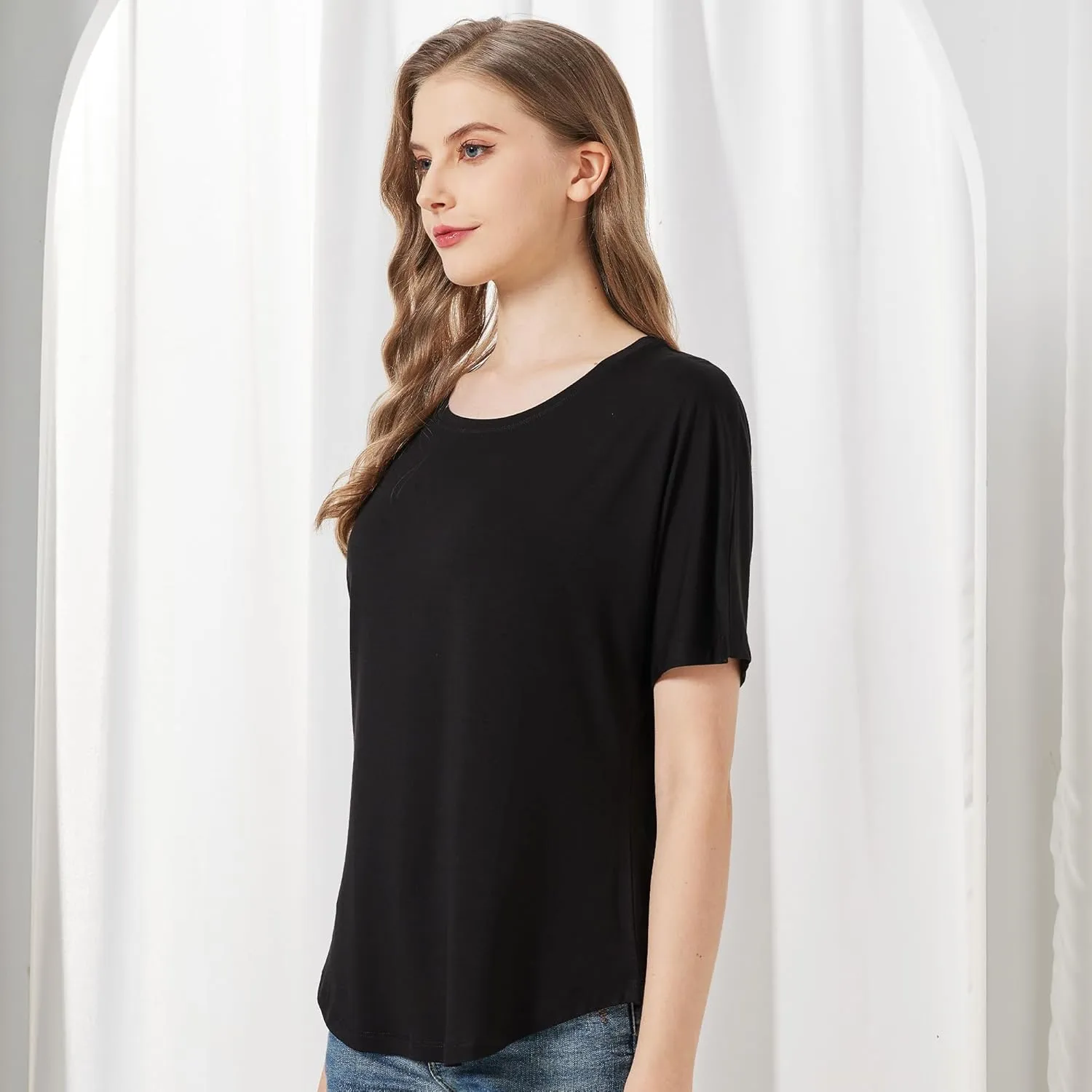 netdraw Women's Ultra Soft Bamboo Viscose Dolman Top Loose Fit Trendy Casual Lounge Short Sleeve Pajama Batwing T-Shirt