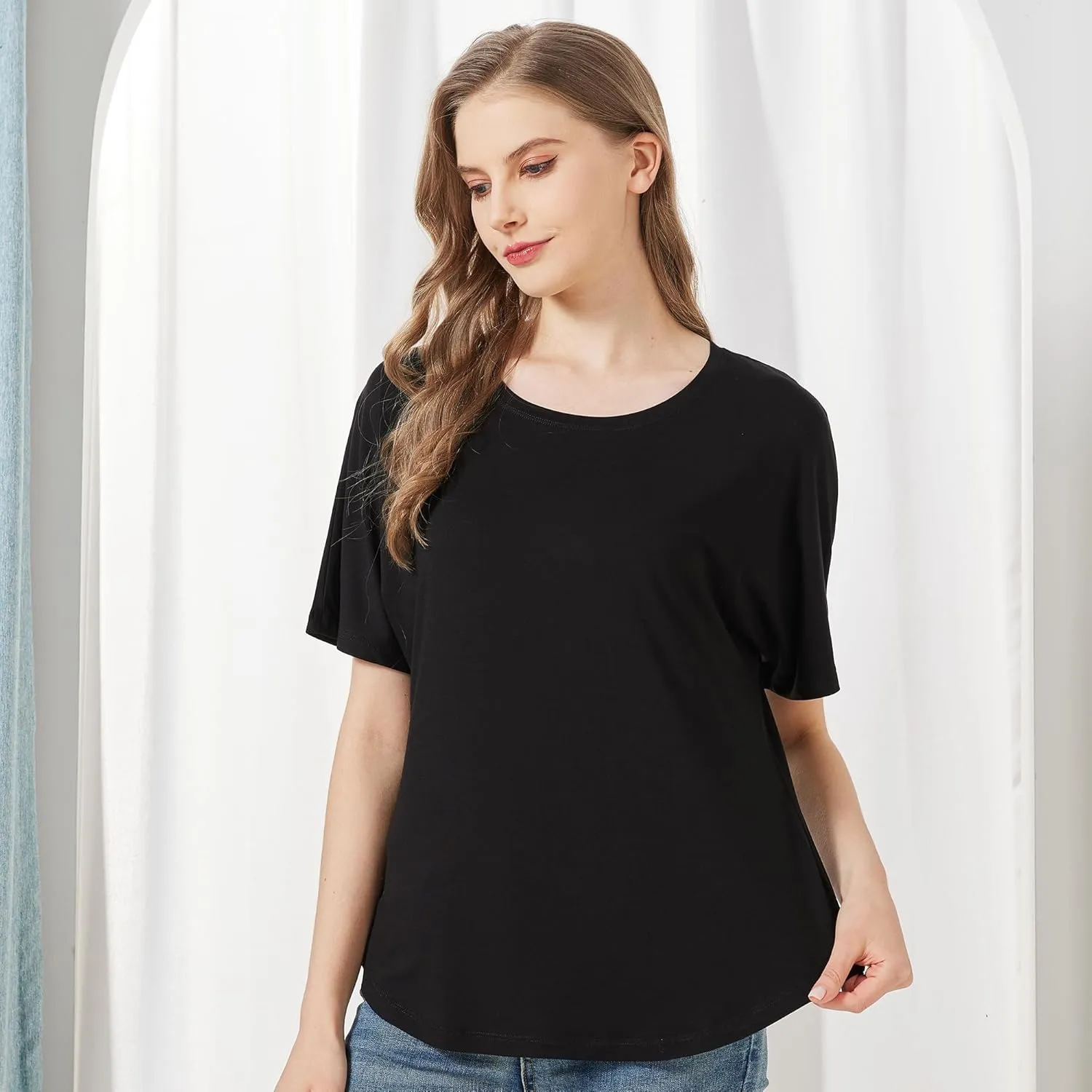 netdraw Women's Ultra Soft Bamboo Viscose Dolman Top Loose Fit Trendy Casual Lounge Short Sleeve Pajama Batwing T-Shirt