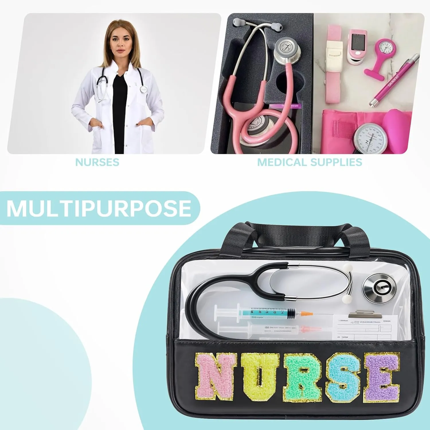 Nurse Bag Nursing School Essentials Medical Assistant Bag Nurse Bags Accessories for Work Chenille Letter Pouch Gifts for Women Clinical Bags for Nursing Students (STB-HS-NURSE, STB-HS-NURSE)