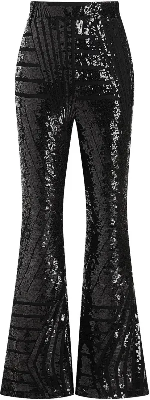 ODIZLI Womens Bell Bottom Sparkle Sequin Flare Pants Elastic High Waisted Bling Glitter Dance Pants