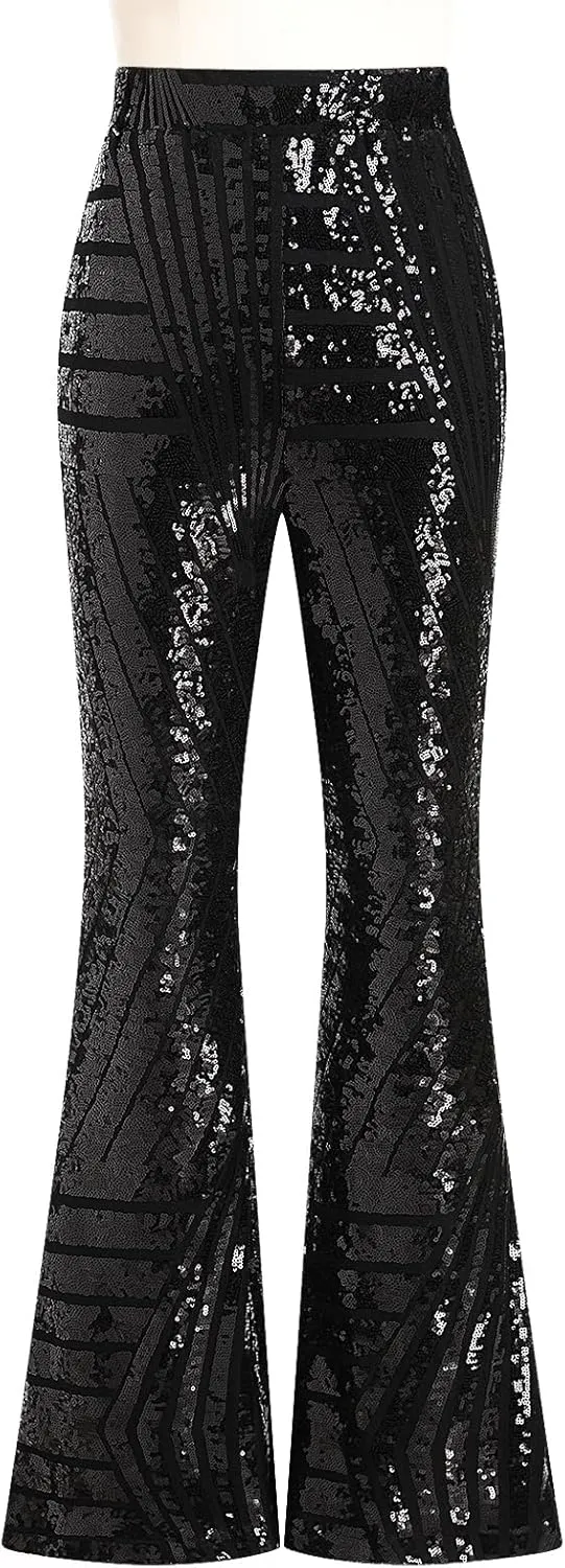 ODIZLI Womens Bell Bottom Sparkle Sequin Flare Pants Elastic High Waisted Bling Glitter Dance Pants