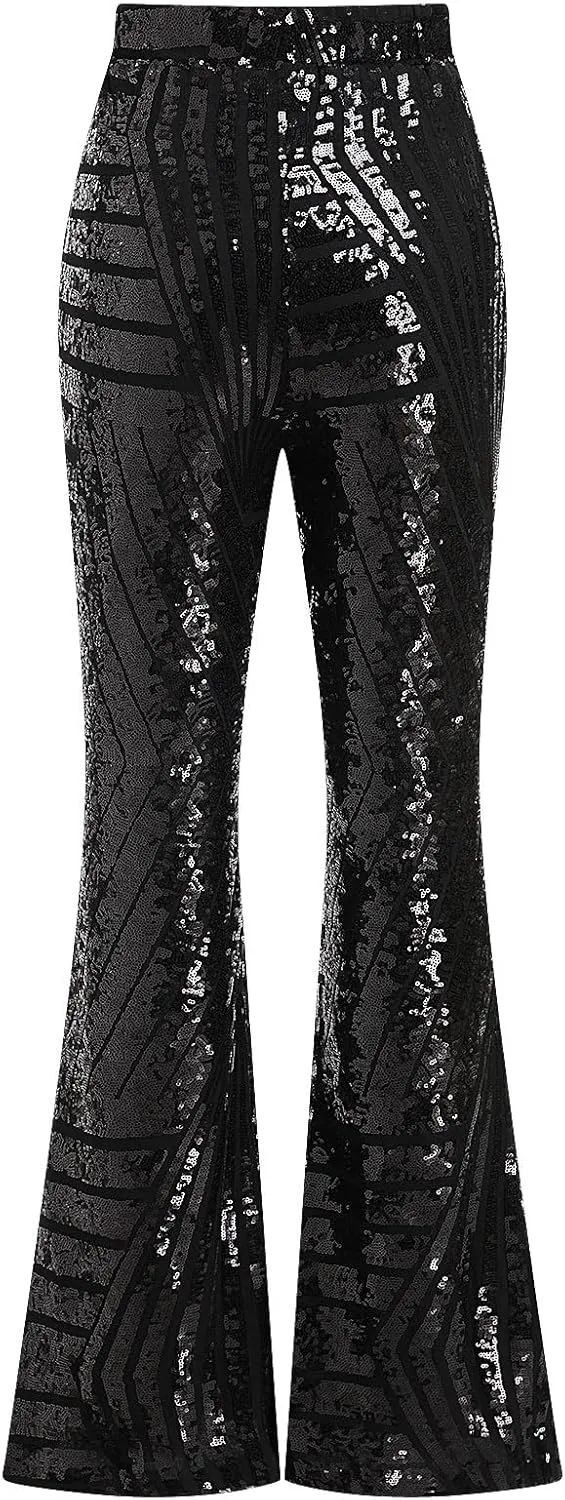 ODIZLI Womens Bell Bottom Sparkle Sequin Flare Pants Elastic High Waisted Bling Glitter Dance Pants