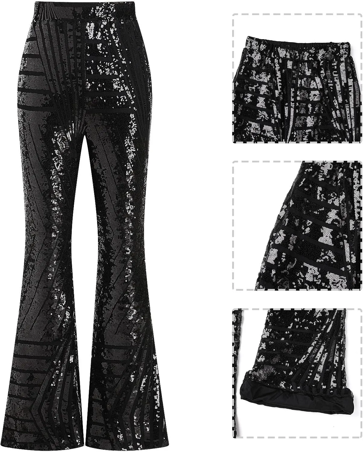 ODIZLI Womens Bell Bottom Sparkle Sequin Flare Pants Elastic High Waisted Bling Glitter Dance Pants
