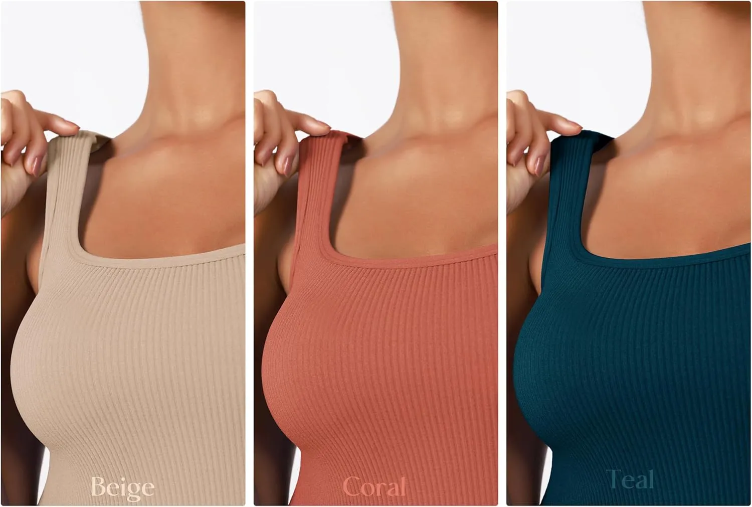 ODODOS 3-Pack Seamless Square Neck Crop Tank for Women Ribbed Knit Soft Low Back Cropped Tops