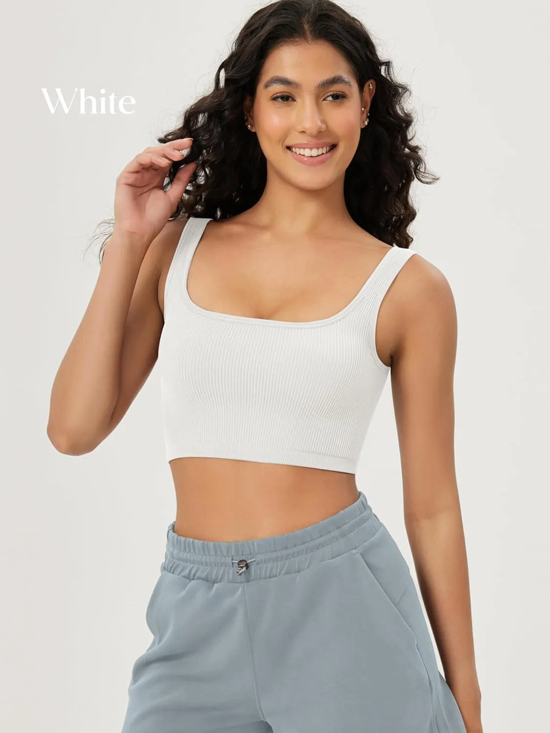ODODOS 3-Pack Seamless Square Neck Crop Tank for Women Ribbed Knit Soft Low Back Cropped Tops