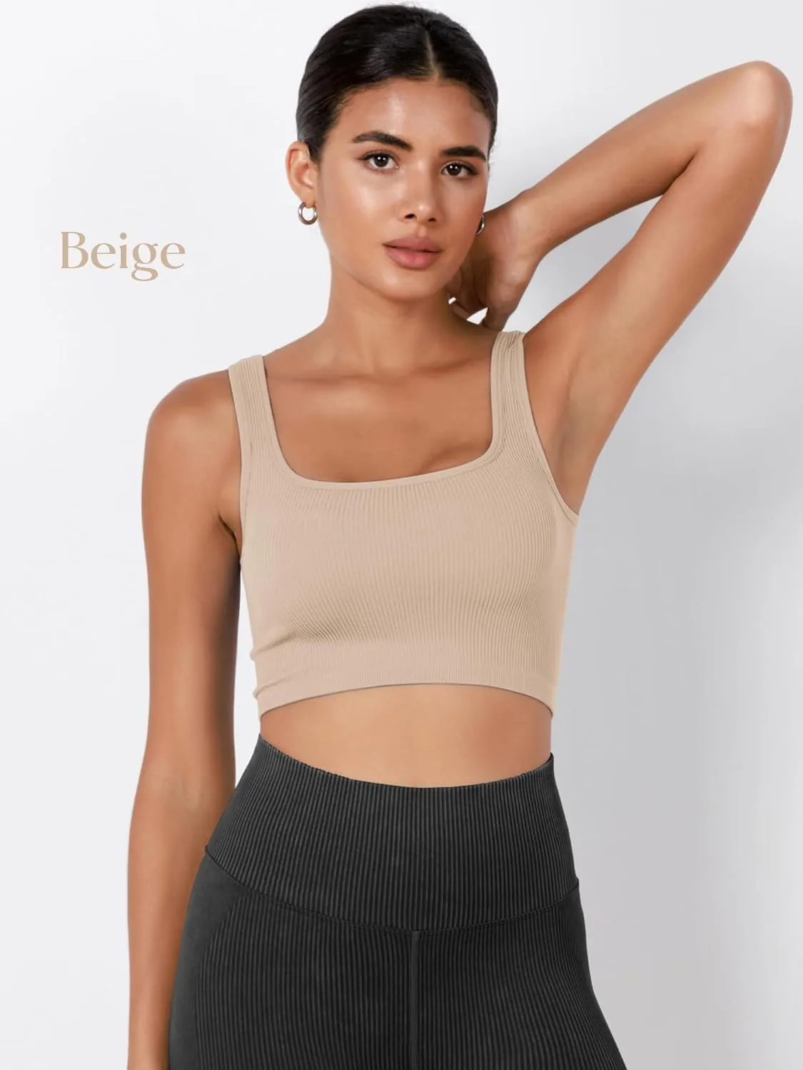ODODOS 3-Pack Seamless Square Neck Crop Tank for Women Ribbed Knit Soft Low Back Cropped Tops