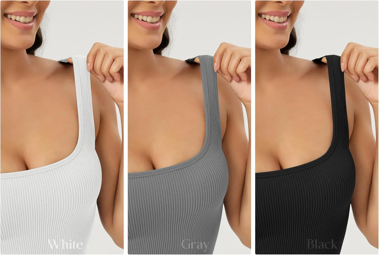 ODODOS 3-Pack Seamless Square Neck Crop Tank for Women Ribbed Knit Soft Low Back Cropped Tops