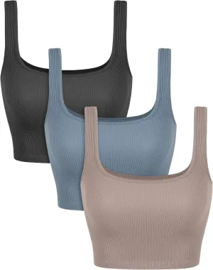 ODODOS 3-Pack Seamless Square Neck Crop Tank for Women Ribbed Knit Soft Low Back Cropped Tops