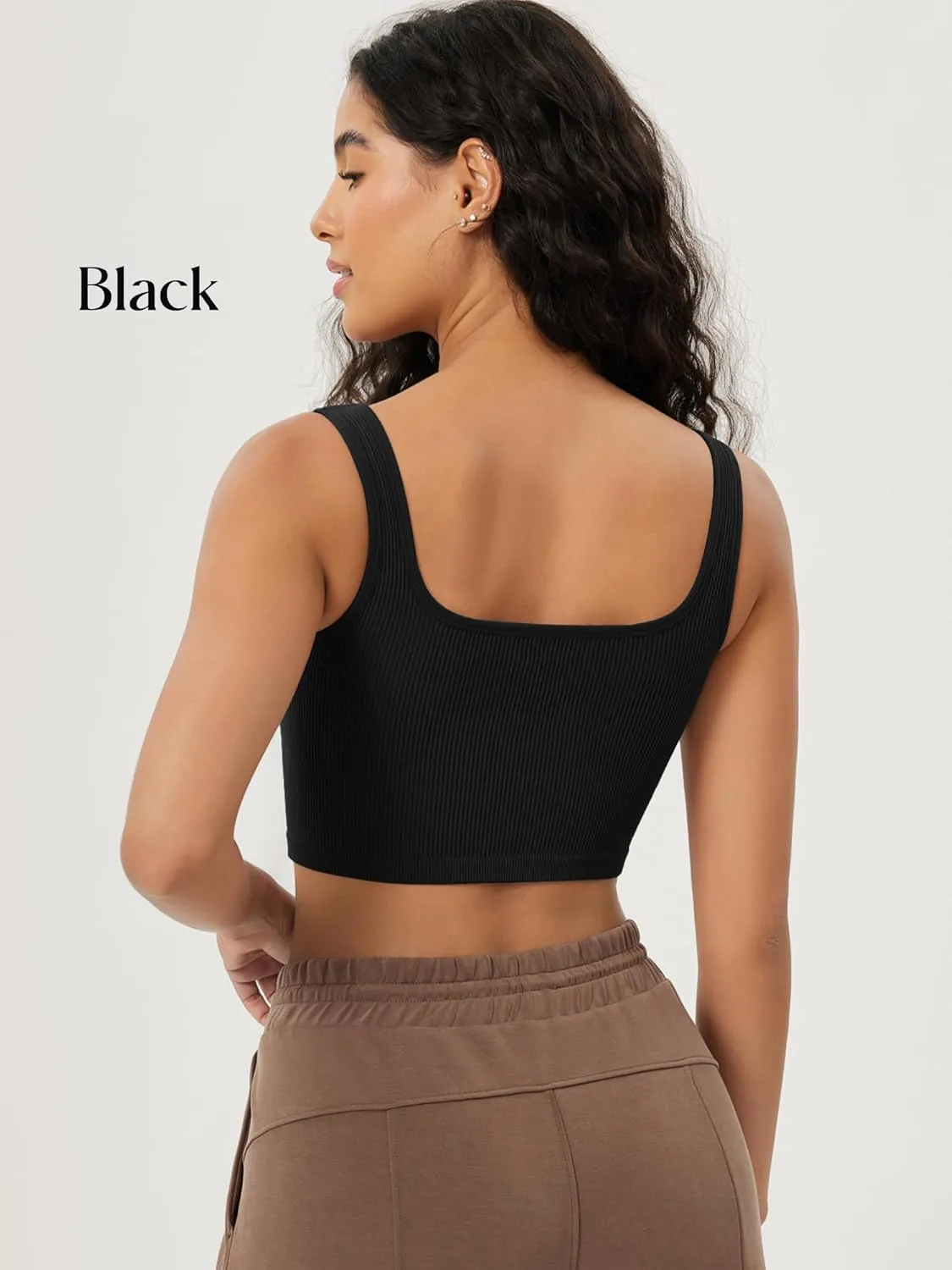 ODODOS 3-Pack Seamless Square Neck Crop Tank for Women Ribbed Knit Soft Low Back Cropped Tops