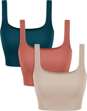 ODODOS 3-Pack Seamless Square Neck Crop Tank for Women Ribbed Knit Soft Low Back Cropped Tops