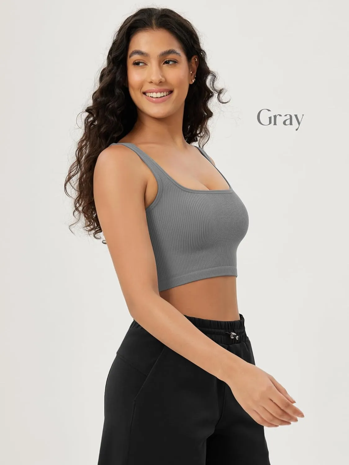 ODODOS 3-Pack Seamless Square Neck Crop Tank for Women Ribbed Knit Soft Low Back Cropped Tops