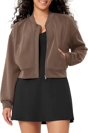 ODODOS Modal Soft Full-Zip Bomber Jacket for Women Long Sleeve Casual Fall Outfit Crop Top with Pockets