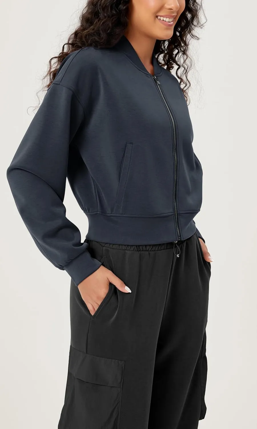 ODODOS Modal Soft Full-Zip Bomber Jacket for Women Long Sleeve Casual Fall Outfit Crop Top with Pockets