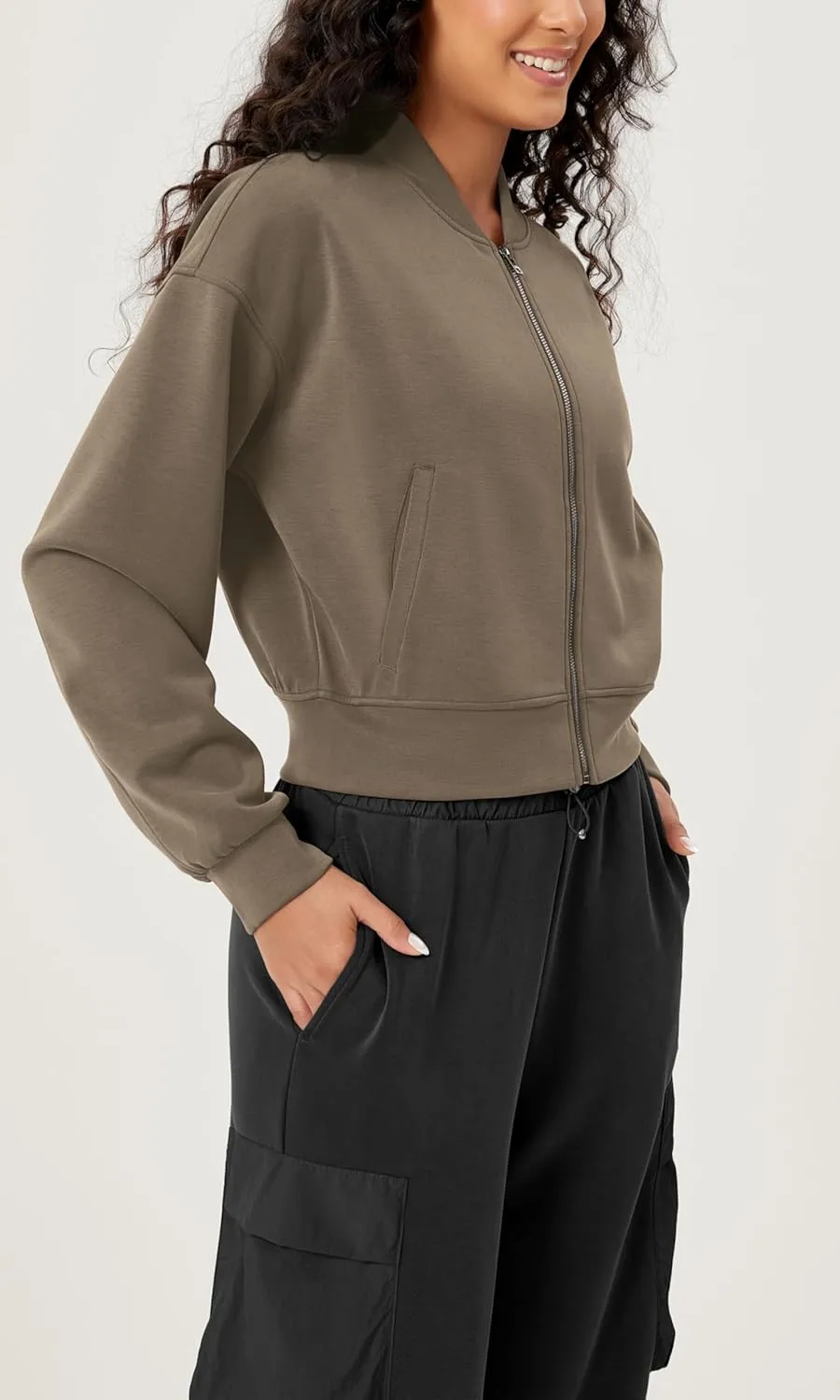 ODODOS Modal Soft Full-Zip Bomber Jacket for Women Long Sleeve Casual Fall Outfit Crop Top with Pockets