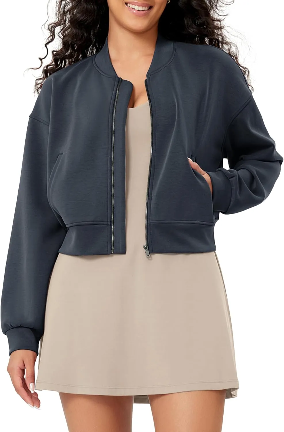 ODODOS Modal Soft Full-Zip Bomber Jacket for Women Long Sleeve Casual Fall Outfit Crop Top with Pockets
