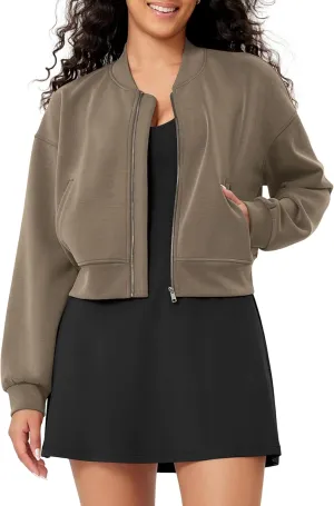 ODODOS Modal Soft Full-Zip Bomber Jacket for Women Long Sleeve Casual Fall Outfit Crop Top with Pockets