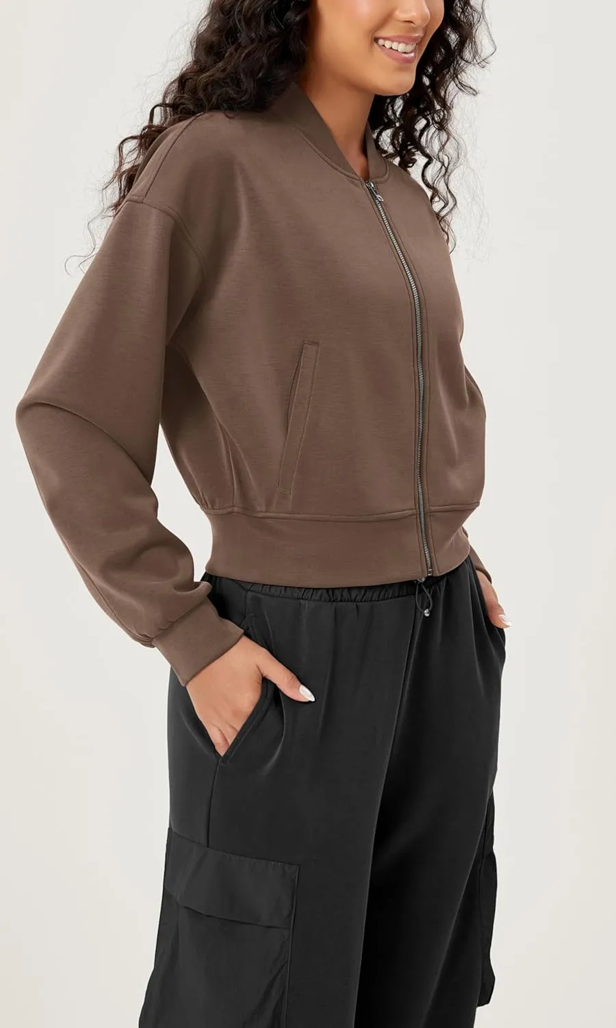ODODOS Modal Soft Full-Zip Bomber Jacket for Women Long Sleeve Casual Fall Outfit Crop Top with Pockets