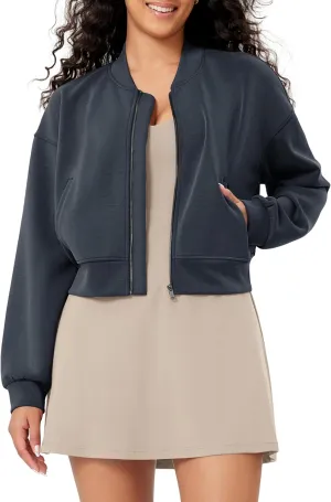 ODODOS Modal Soft Full-Zip Bomber Jacket for Women Long Sleeve Casual Fall Outfit Crop Top with Pockets