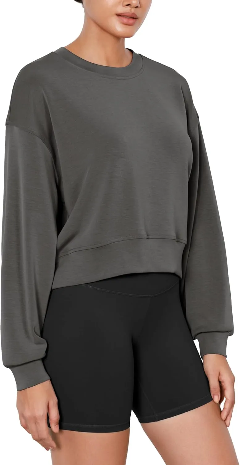 ODODOS Modal Soft Long Sleeve Cropped Sweatshirts for Women Oversized Crew Neck Pullover Crop Top