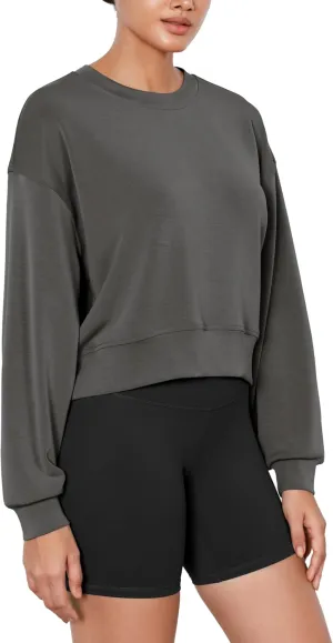 ODODOS Modal Soft Long Sleeve Cropped Sweatshirts for Women Oversized Crew Neck Pullover Crop Top