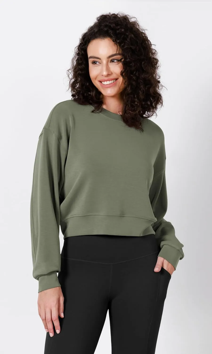 ODODOS Modal Soft Long Sleeve Cropped Sweatshirts for Women Oversized Crew Neck Pullover Crop Top