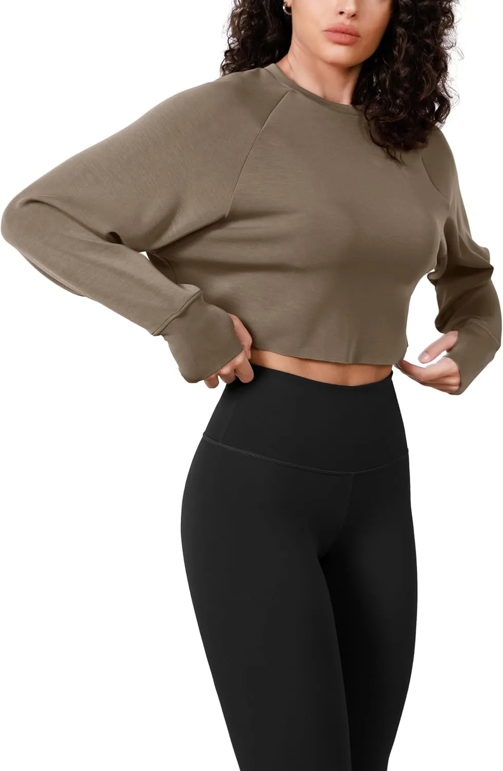 ODODOS Modal Soft Long Sleeve Cropped Sweatshirts with Thumb Hole for Women Crew Neck Pullover Crop Top