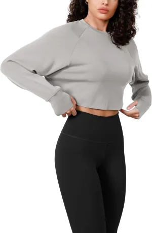 ODODOS Modal Soft Long Sleeve Cropped Sweatshirts with Thumb Hole for Women Crew Neck Pullover Crop Top