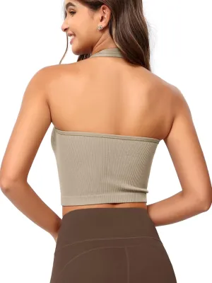 ODODOS Seamless Halter Crop Tops for Women Ribbed Soft V Neck Open Back Cropped Tank Top