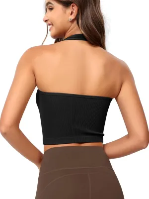 ODODOS Seamless Halter Crop Tops for Women Ribbed Soft V Neck Open Back Cropped Tank Top